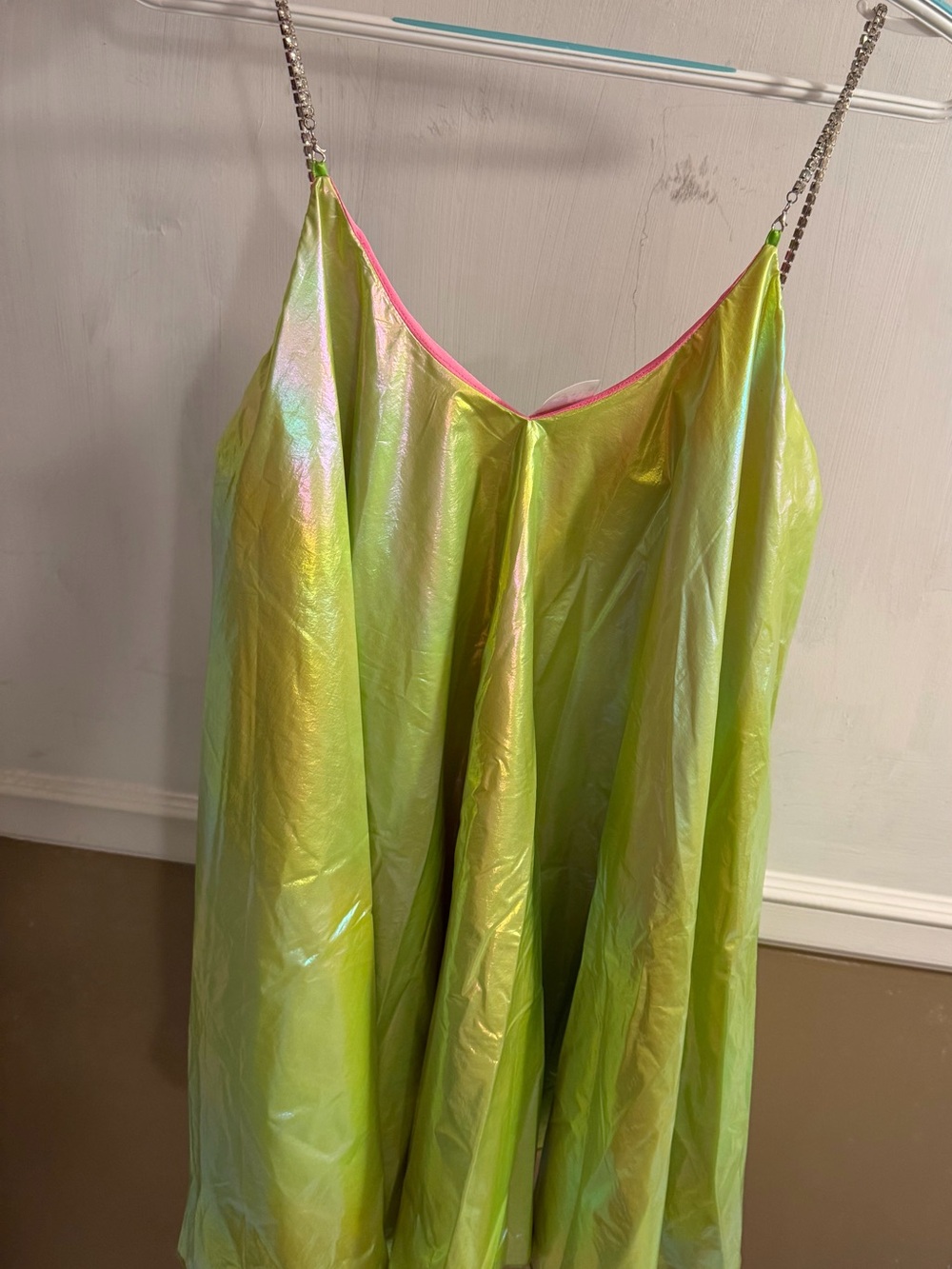 NWOT QUEEN OF SPARKLES Iridescent Lime Slip Barbie Dress - Picture 3 of 3